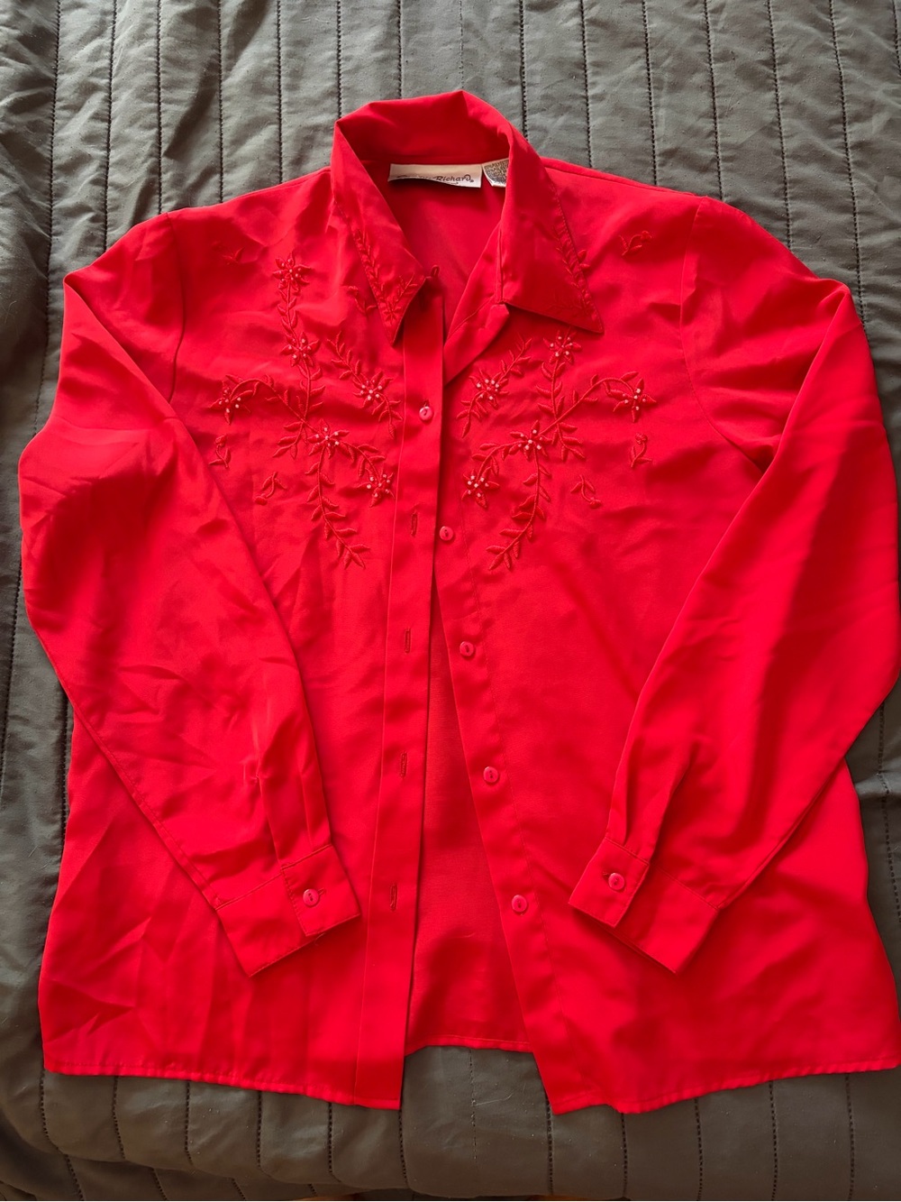Claudia Richard Vibrant Red Embroidered Button-Up Blouse